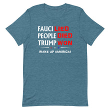 Load image into Gallery viewer, FAUCI LIED ! Wake Up America Short-Sleeve Unisex T-Shirt
