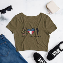 Load image into Gallery viewer, Peace Love Military Women’s Crop Tee
